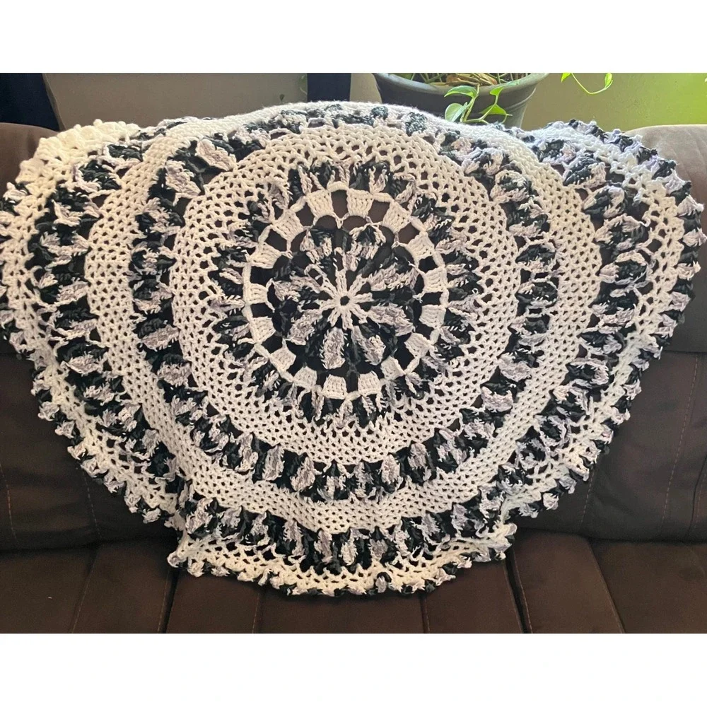 Crochet Mandala Throw Blanket White Black Gray Mandala Round